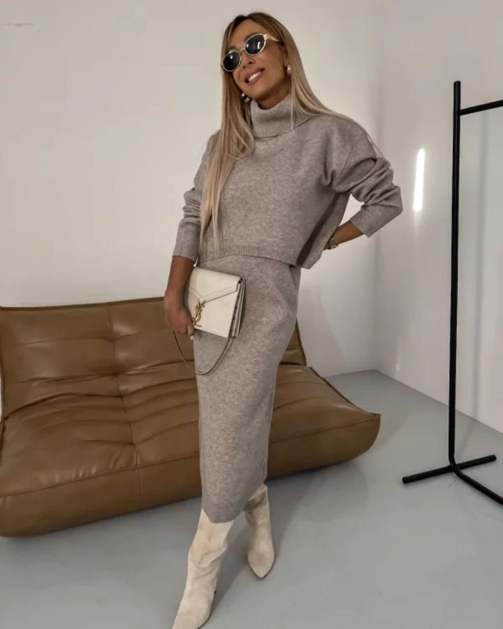 Valentina | Elegant Turtleneck Knit Set With Midi Skirt