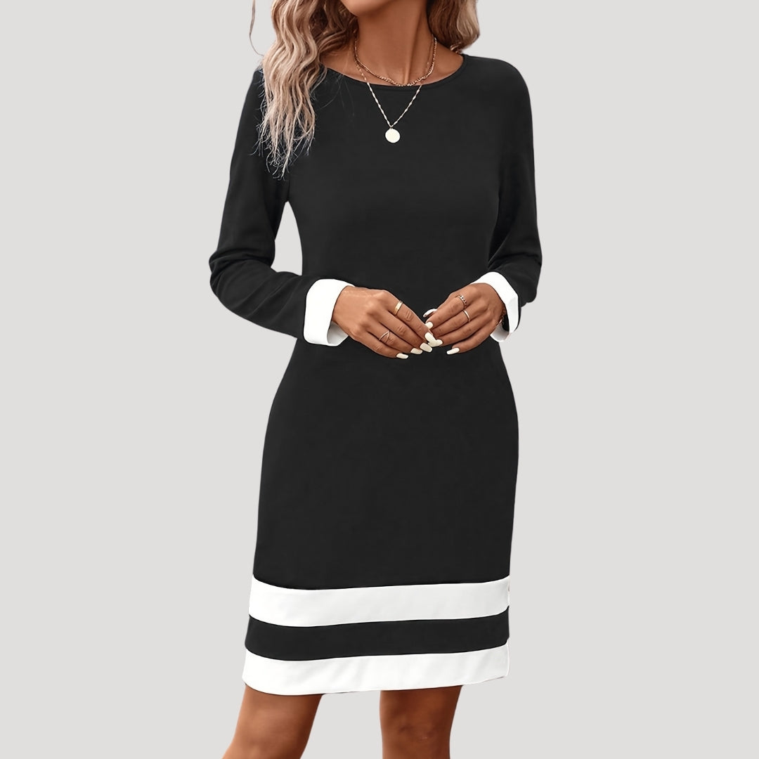 Margot | Elegant Navy Long Sleeve Midi Dress With Contrast Trim
