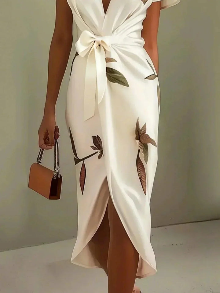 Evangeline | Elegant V-Neck Floral Wrap Midi Dress