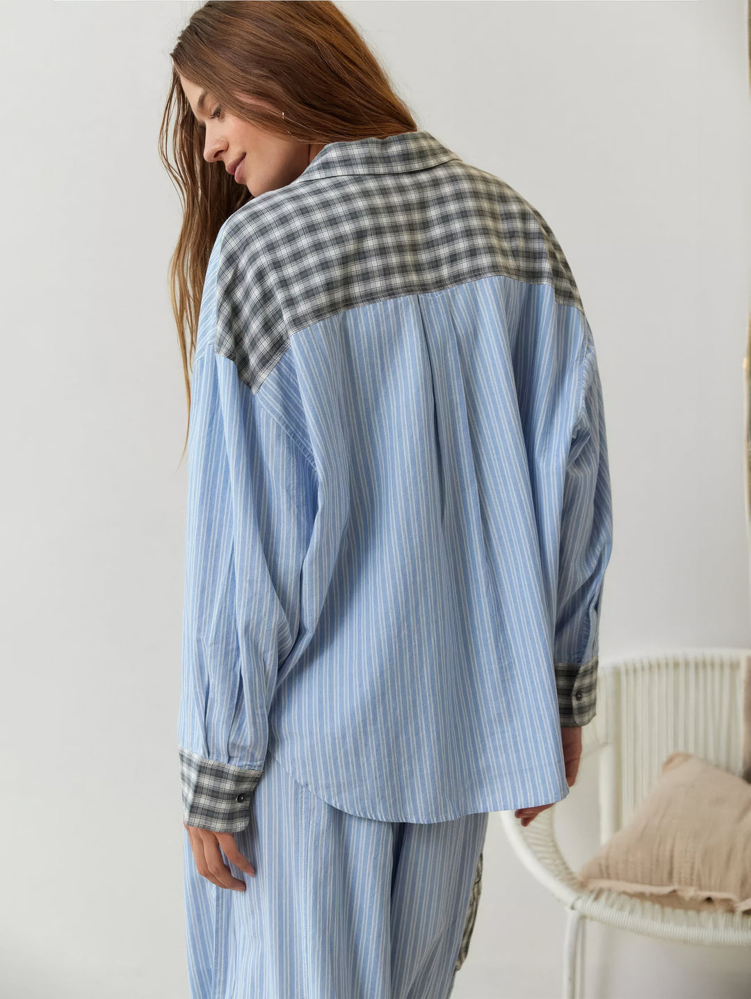 Cassandra | Elegant Striped Button-Up Pajama Set With Plaid Trim