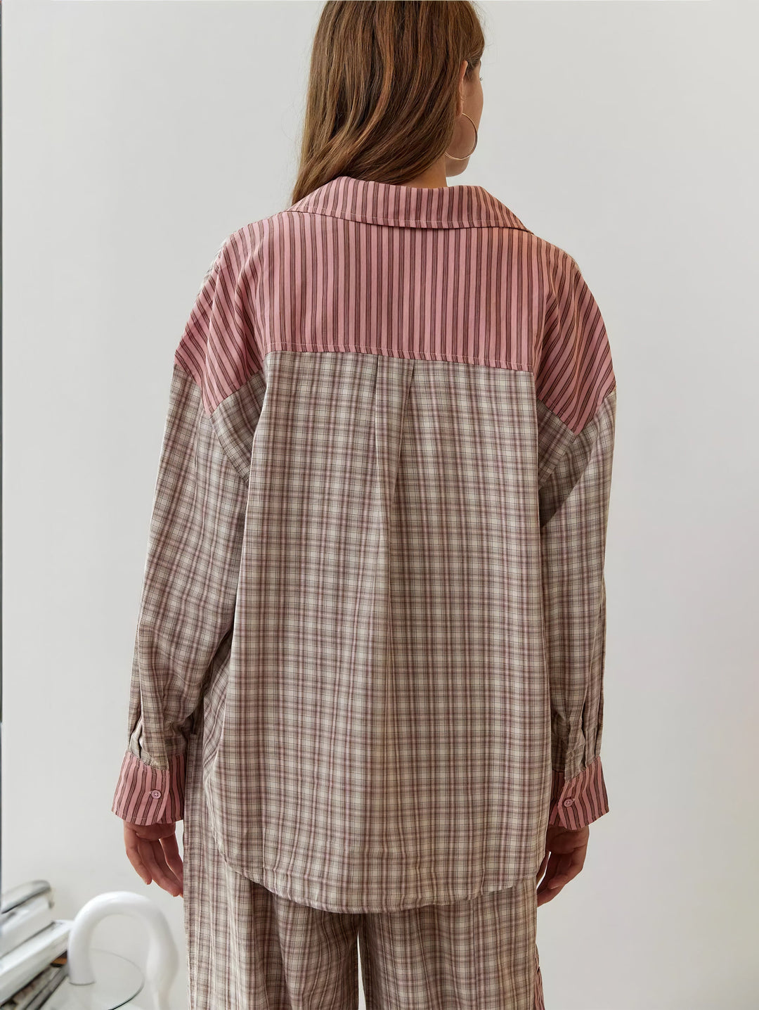 Cassandra | Elegant Striped Button-Up Pajama Set With Plaid Trim