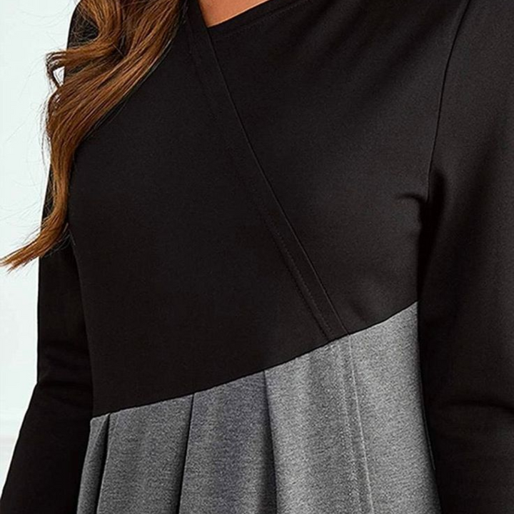 Thea | Elegant Colorblock Pleated Long Sleeve Maxi Dress