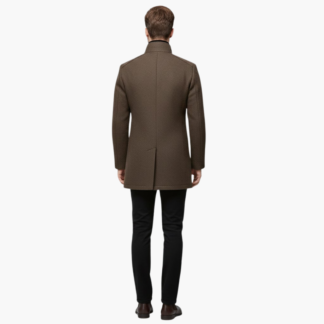 Phoebe | Elegant Men's Brown Wool Overcoat With Stand Collar
