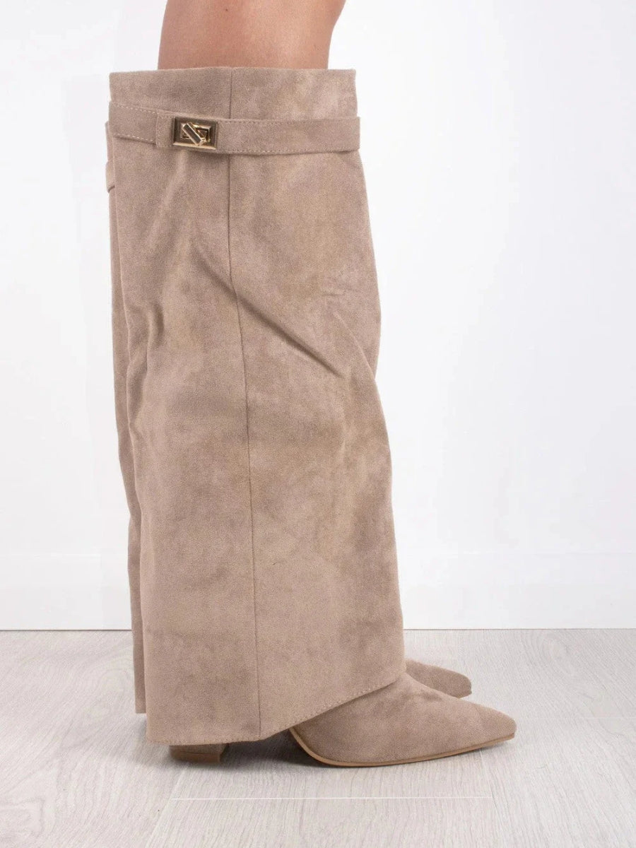 Ruby | Elegant Black Suede Knee-High Boots With Gold Hardware