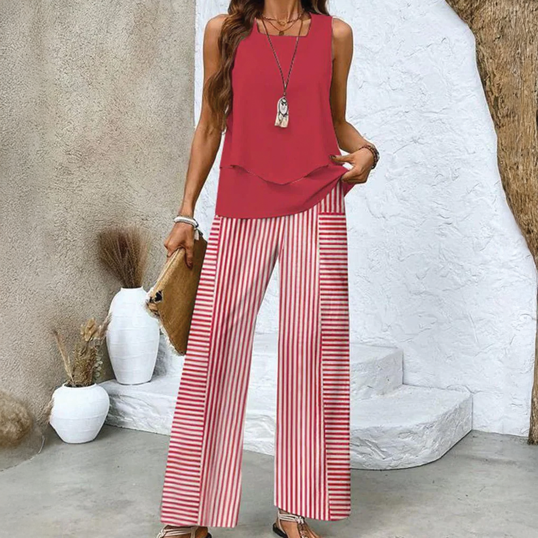Valencia | Chic Two-Piece Sleeveless Top And Wide-Leg Trouser Set