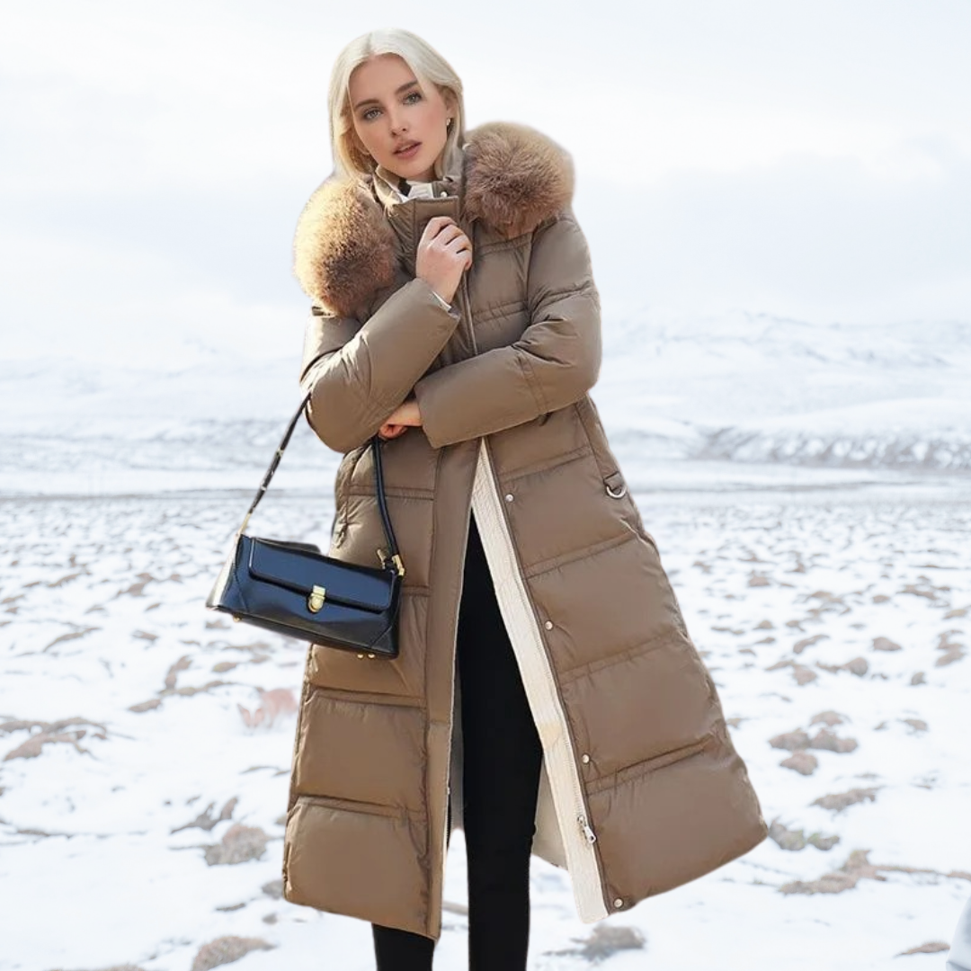 Delilah | Elegant Long Quilted Puffer Coat With Faux Fur Hood