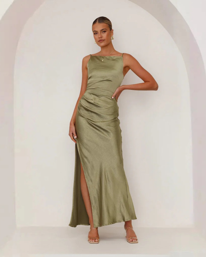 Amara | Elegant Sleeveless Ruched Satin Maxi Dress With Side Slit