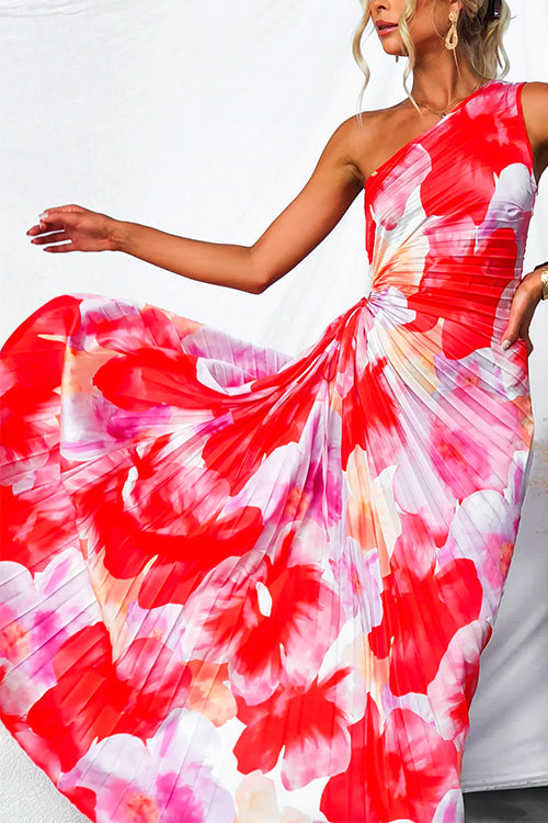 Camille | Elegant One-Shoulder Pleated Printed Maxi Dress