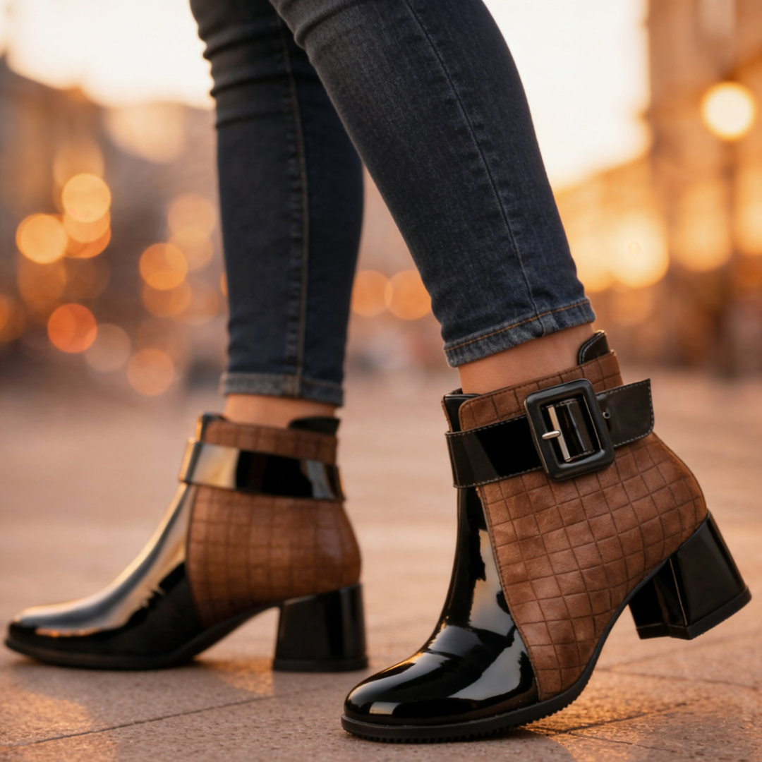 Margot | Chic Patent Leather Block Heel Ankle Boots With Quilted Detail