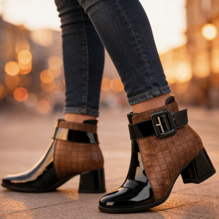 Margot | Chic Patent Leather Block Heel Ankle Boots With Quilted Detail