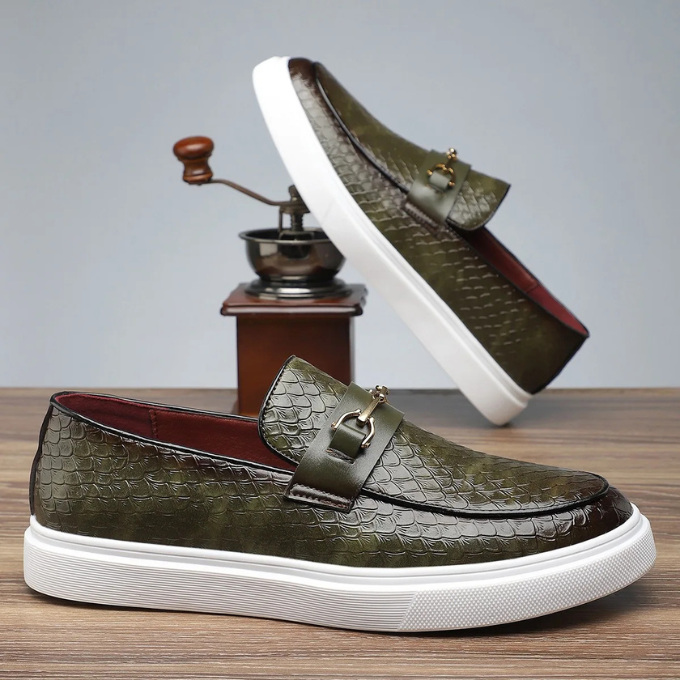 Elyse | Sleek Black Snake Print Loafers With Gold Buckle Detail