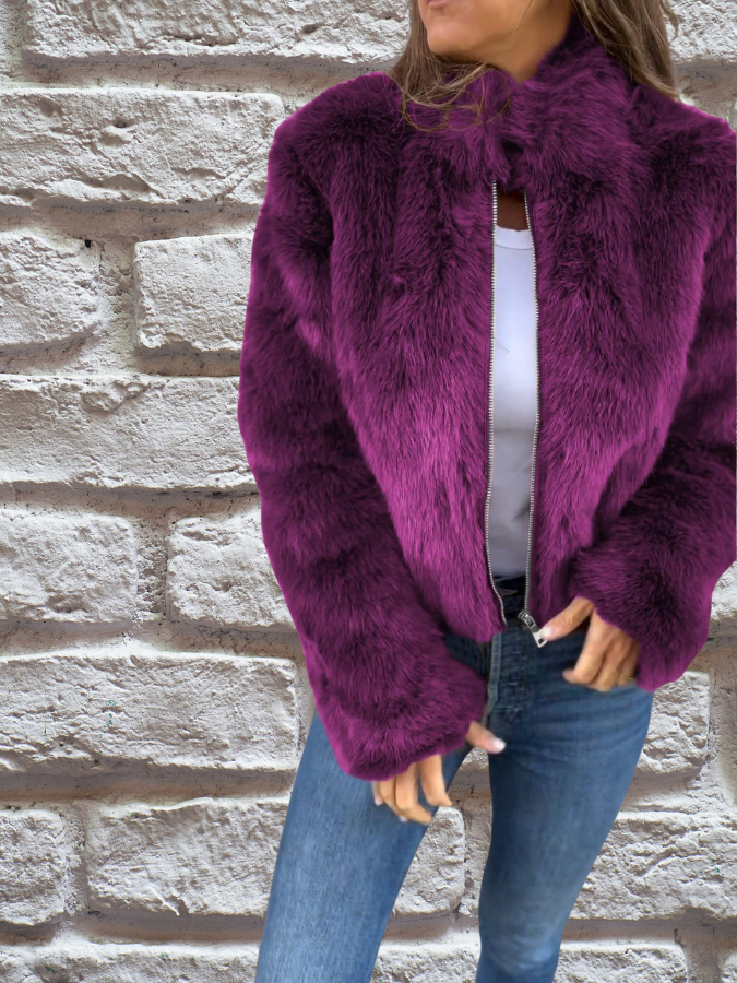 Natalie | Luxe Brown Faux Fur Cropped Jacket With Zipper