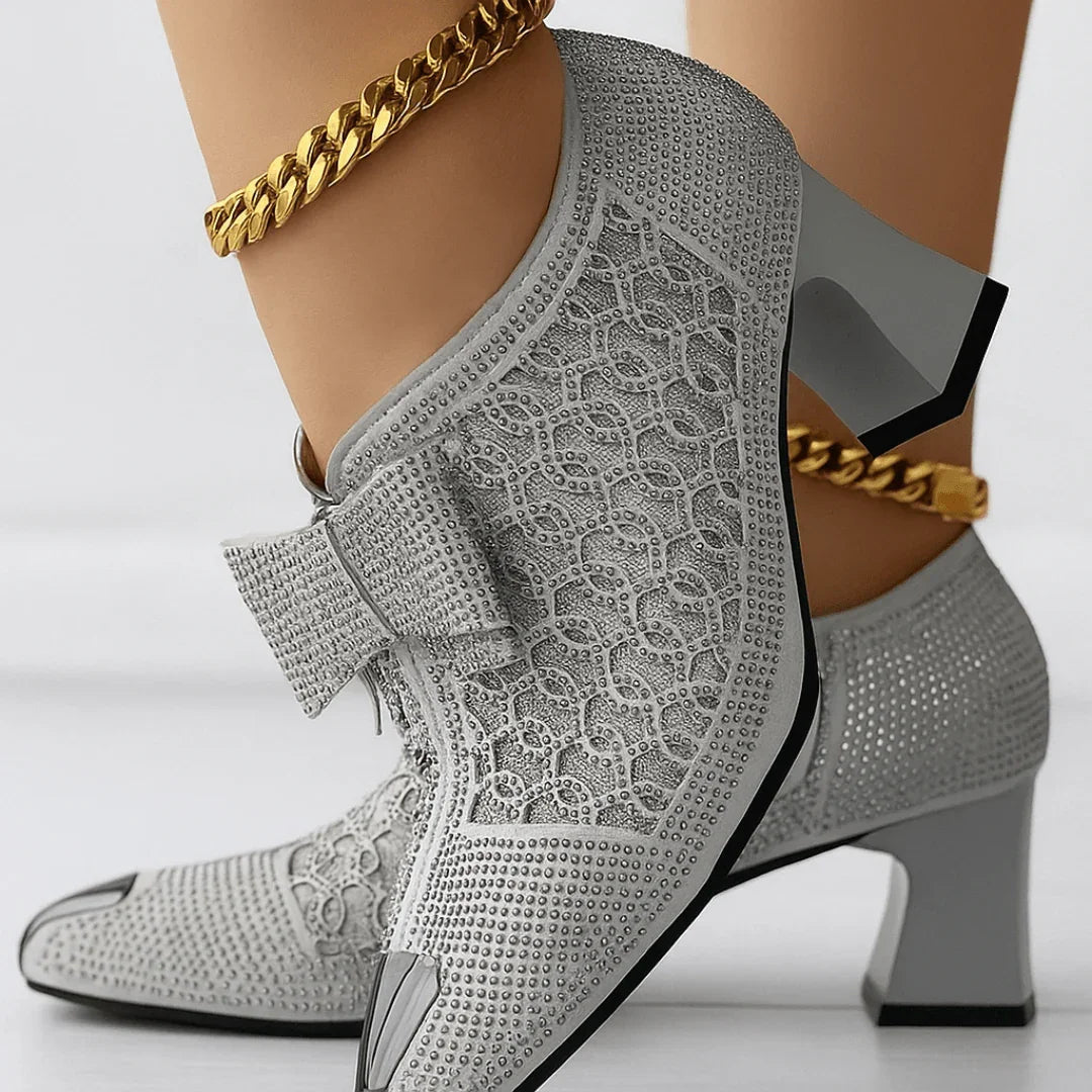 Margot | Elegant Rhinestone Bow Block Heels With Metallic Pointed Toe