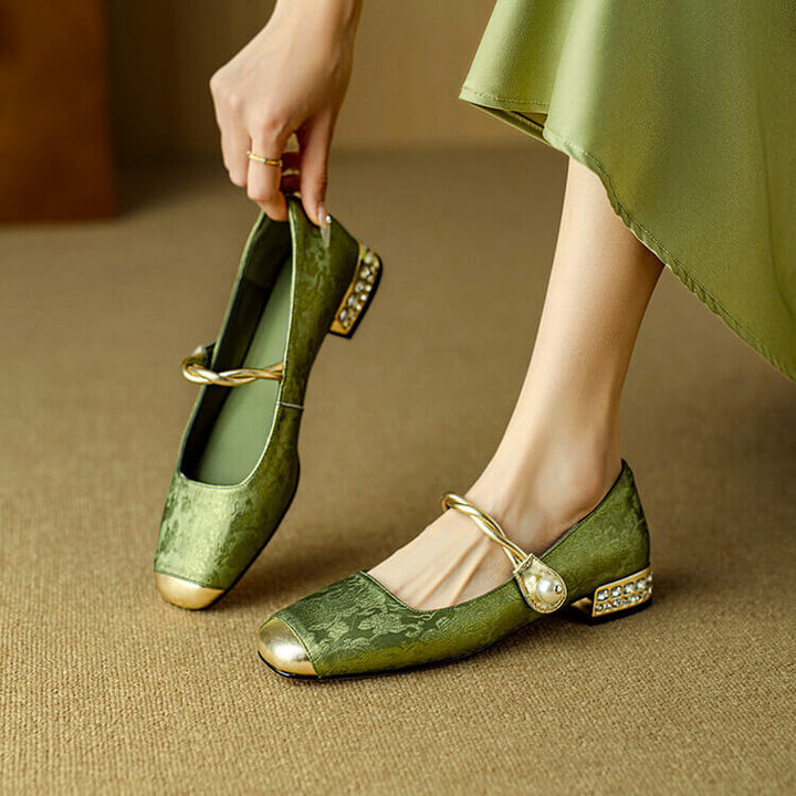 Perla | Elegant Embroidered Mary Jane Flats With Crystal Heel