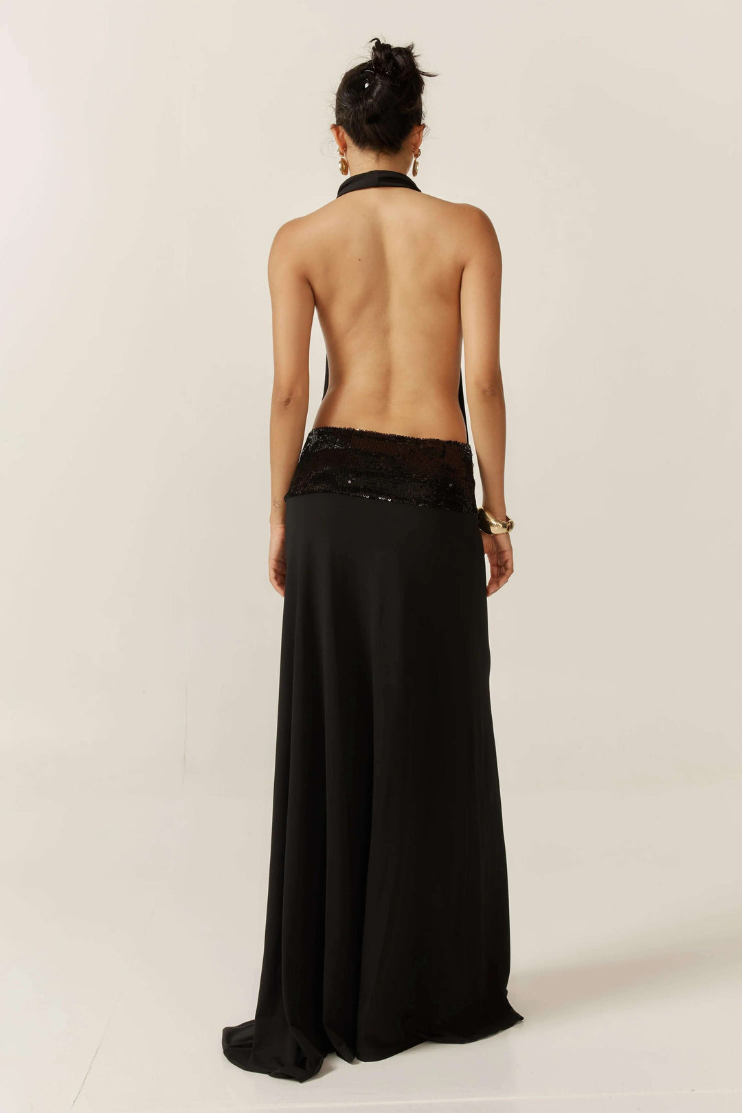 Adele | Elegant Black Halter Sequin Waist Maxi Gown
