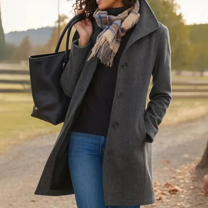 Harper | Elegant Long Black Wool Coat With Classic Silhouette