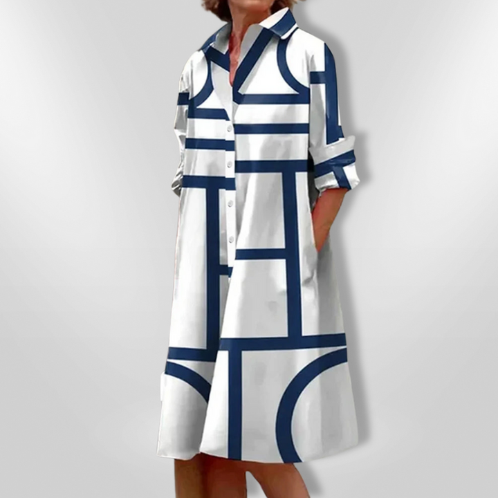 Freya | Chic Geometric Print Shirt Midi Dress With Pockets