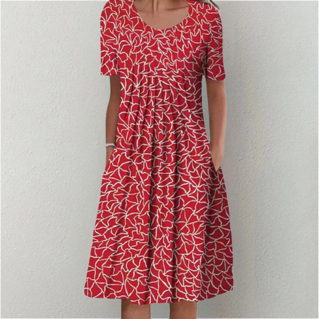 Sybil | Elegant Floral A-Line Midi Dress With Short Sleeves