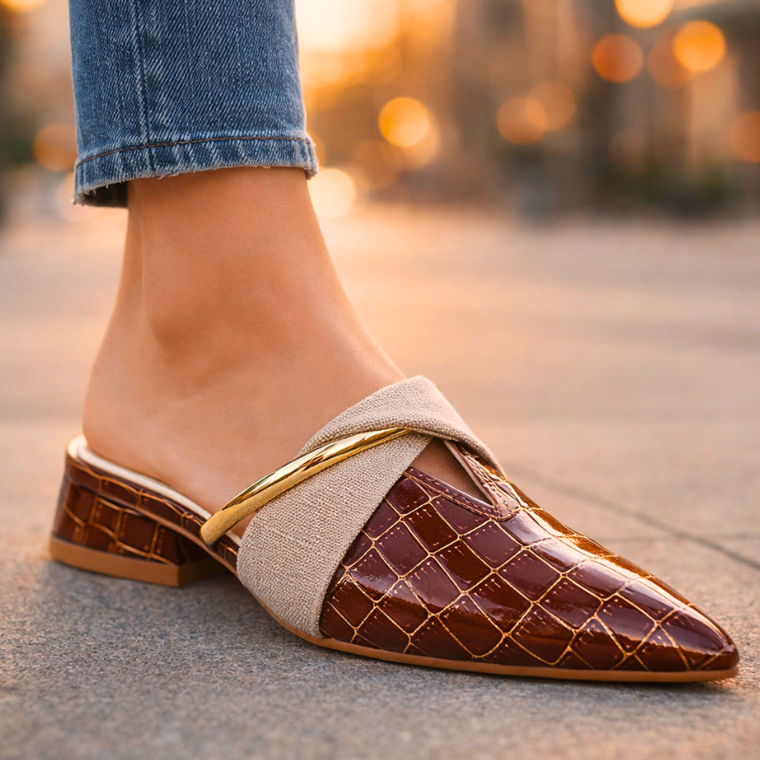 Odette | Chic Pointed Toe Croc-Embossed Mules With Gold Accent