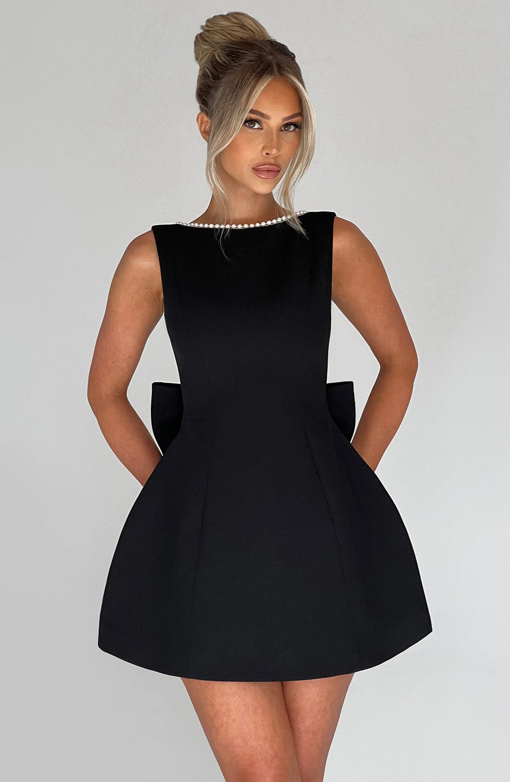 Rosemary | Elegant Pearl Trim A-Line Mini Dress With Pockets