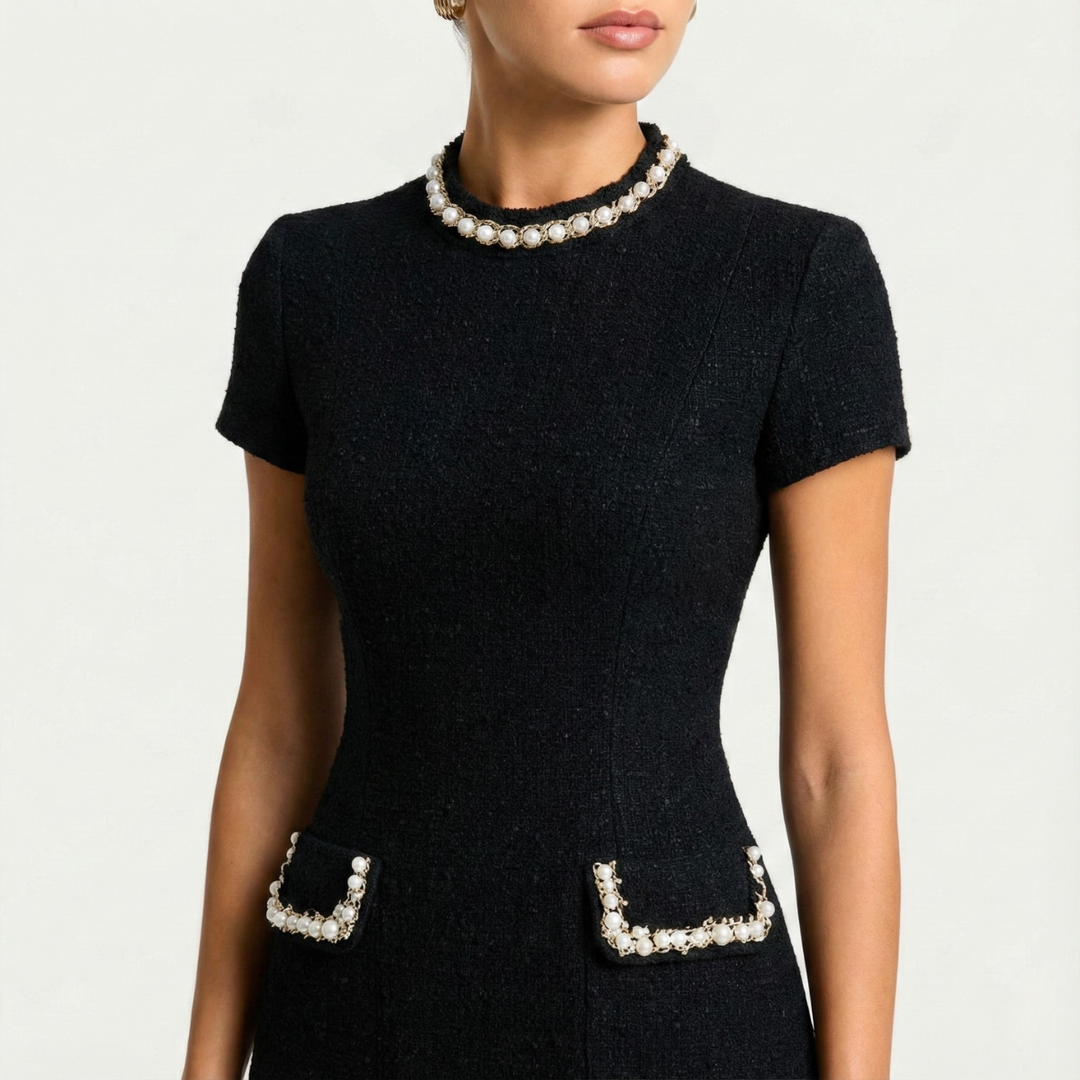 Aubrey | Chic Pearl Trim Mini Dress With Short Sleeves