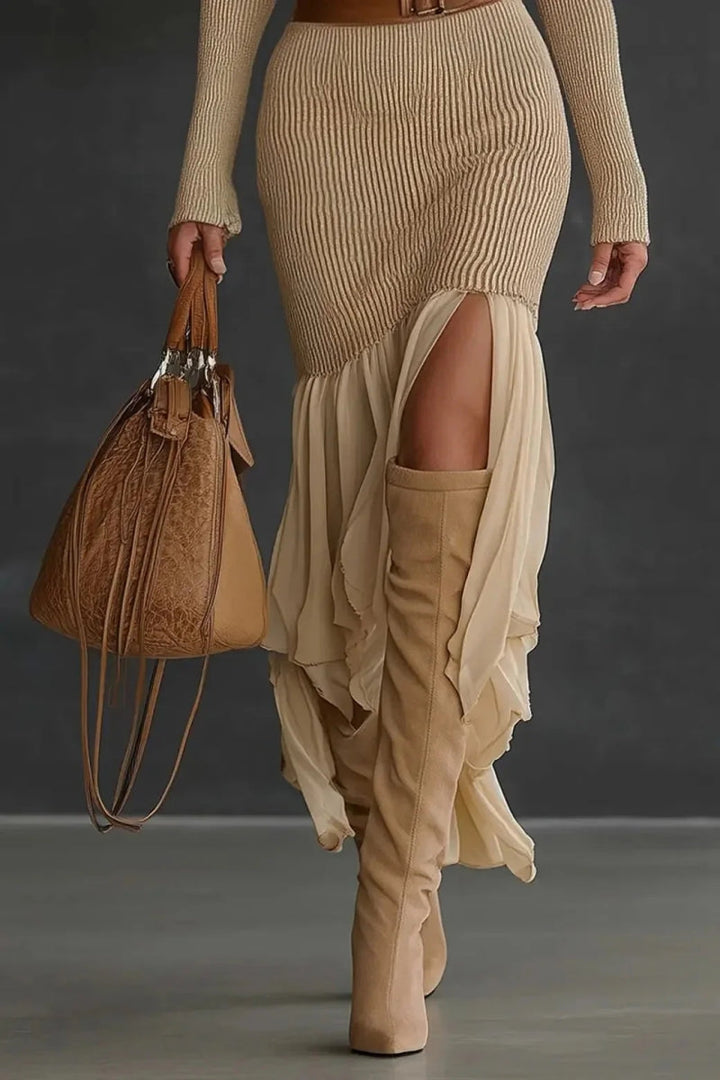 Magnolia | Elegant Turtleneck Ribbed Ruffle Maxi Dress
