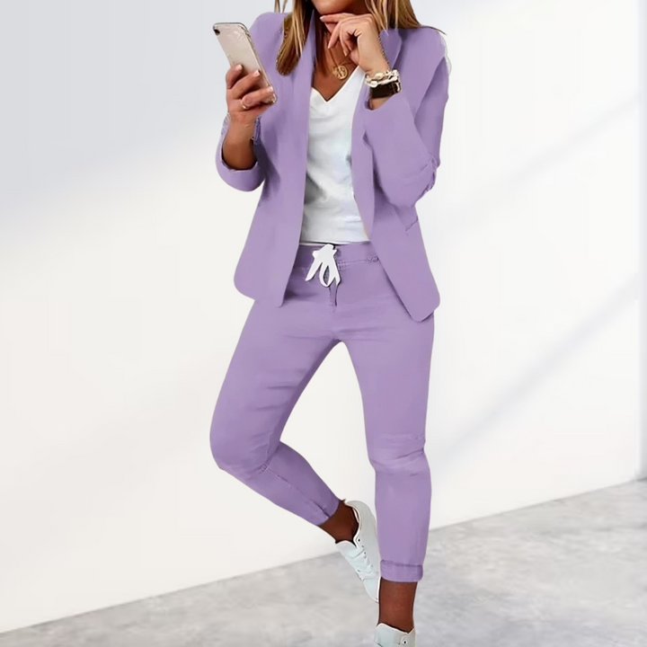 Tessa | Chic Black Blazer Jogger Set With White V-Neck