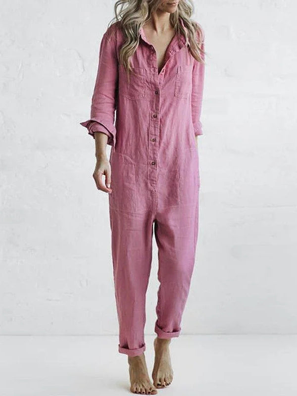 Cassandra | Elegant Long Sleeve Button Front Utility Jumpsuit