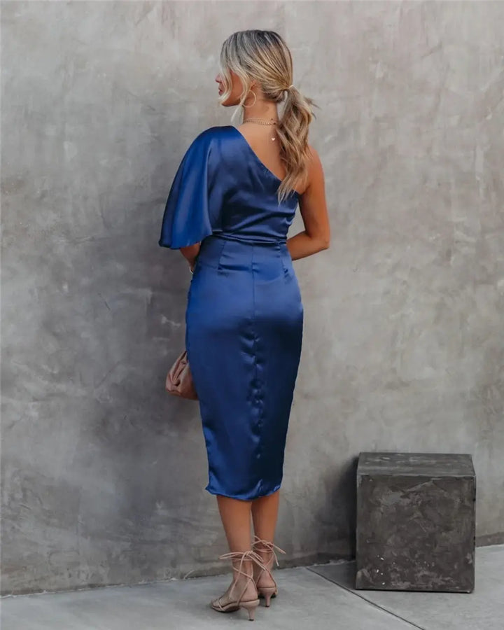 Phoebe | Elegant One Shoulder Ruched Midi Dress