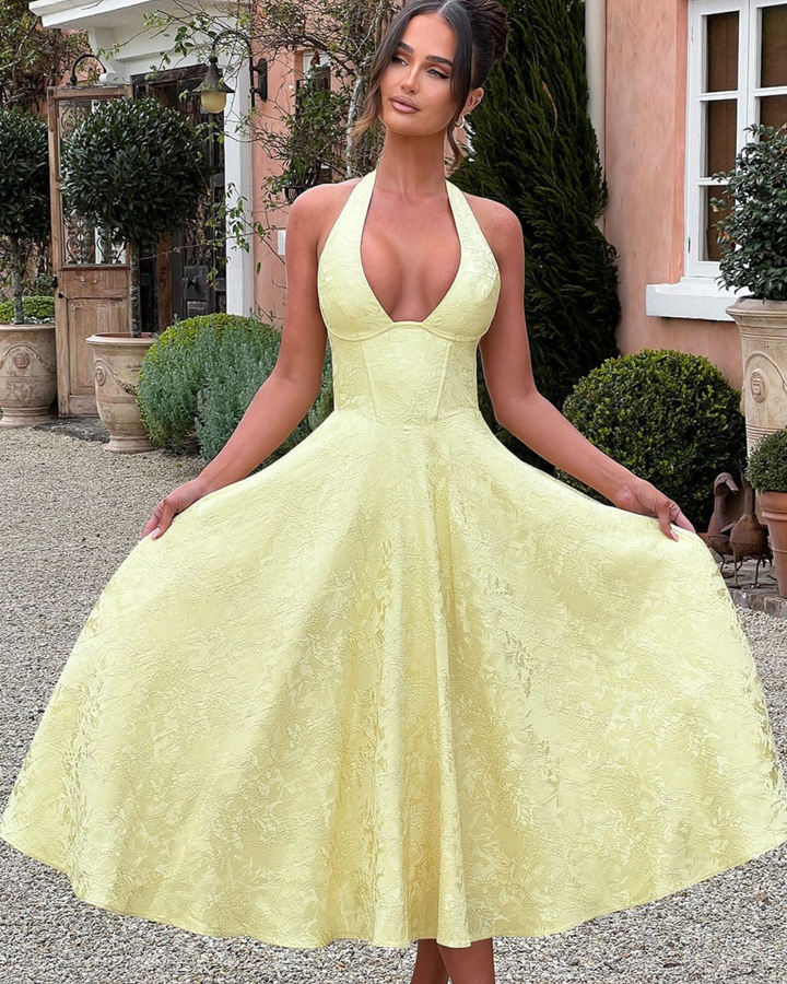 Penelope | Elegant White Halter Midi Dress With Flared Skirt