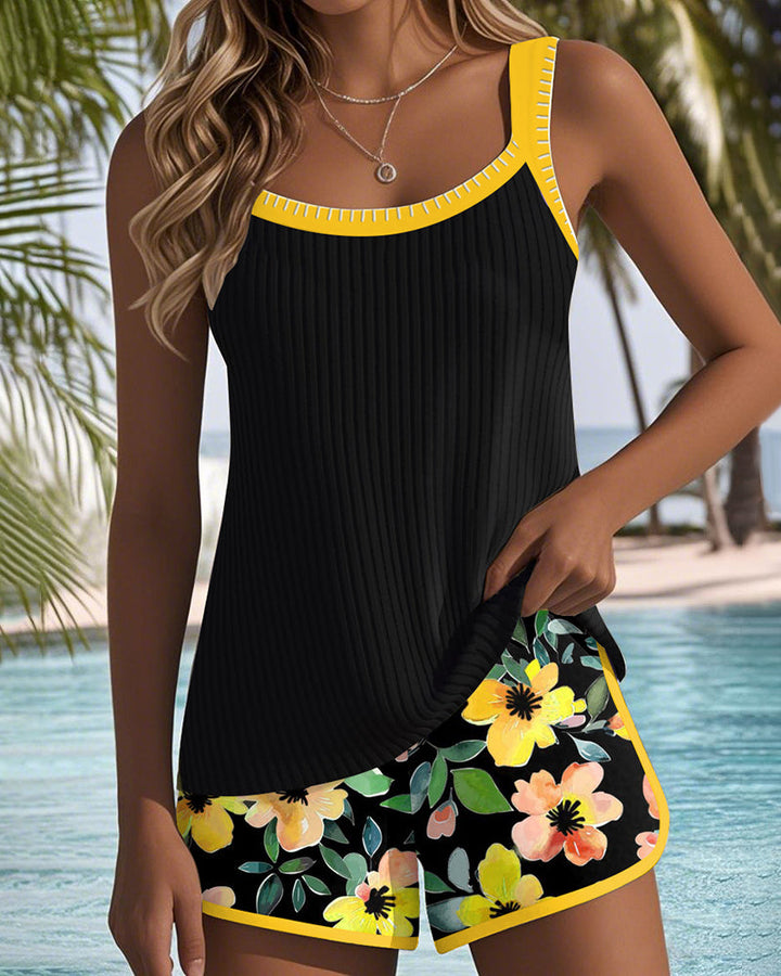 Ophelia | Elegant Ribbed Tankini With Floral Print Swim Shorts