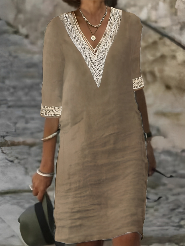 Sabrina | Chic V-Neck Crochet Detail White Summer Dress