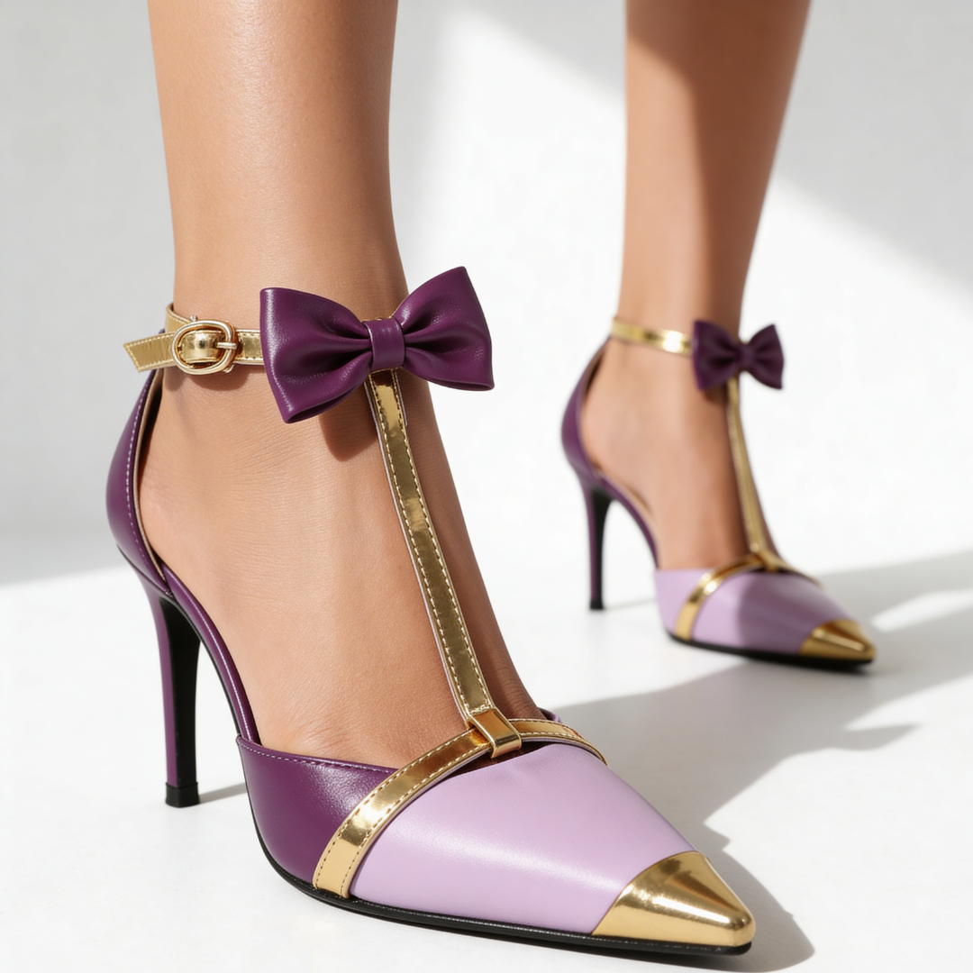 Esther | Elegant Pointed Toe T-Strap Stiletto Heels With Bow