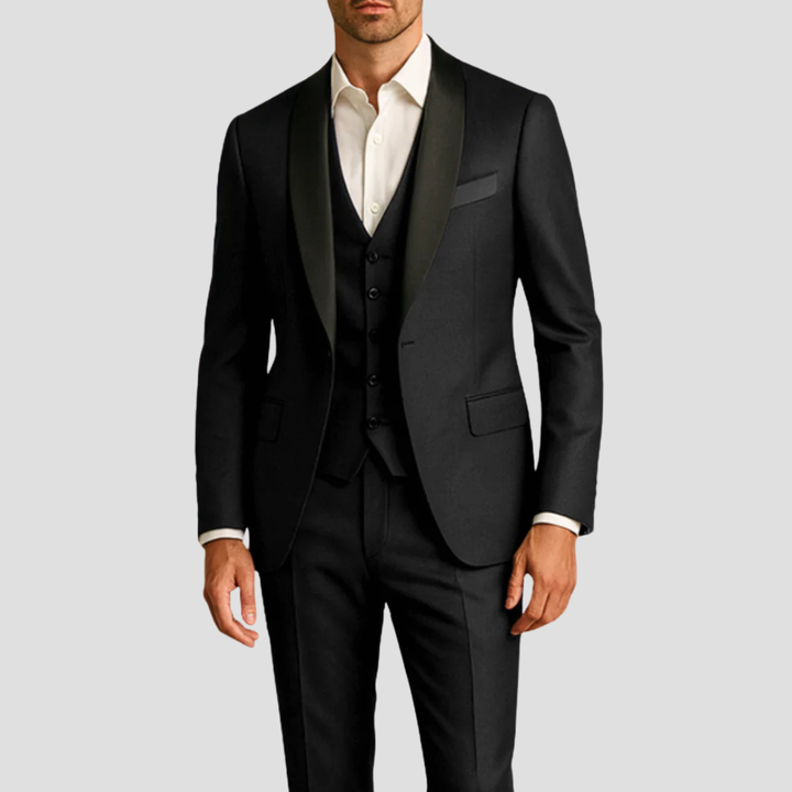 Men's Navy Three-Piece Tuxedo With Black Lapels And Bow Tie