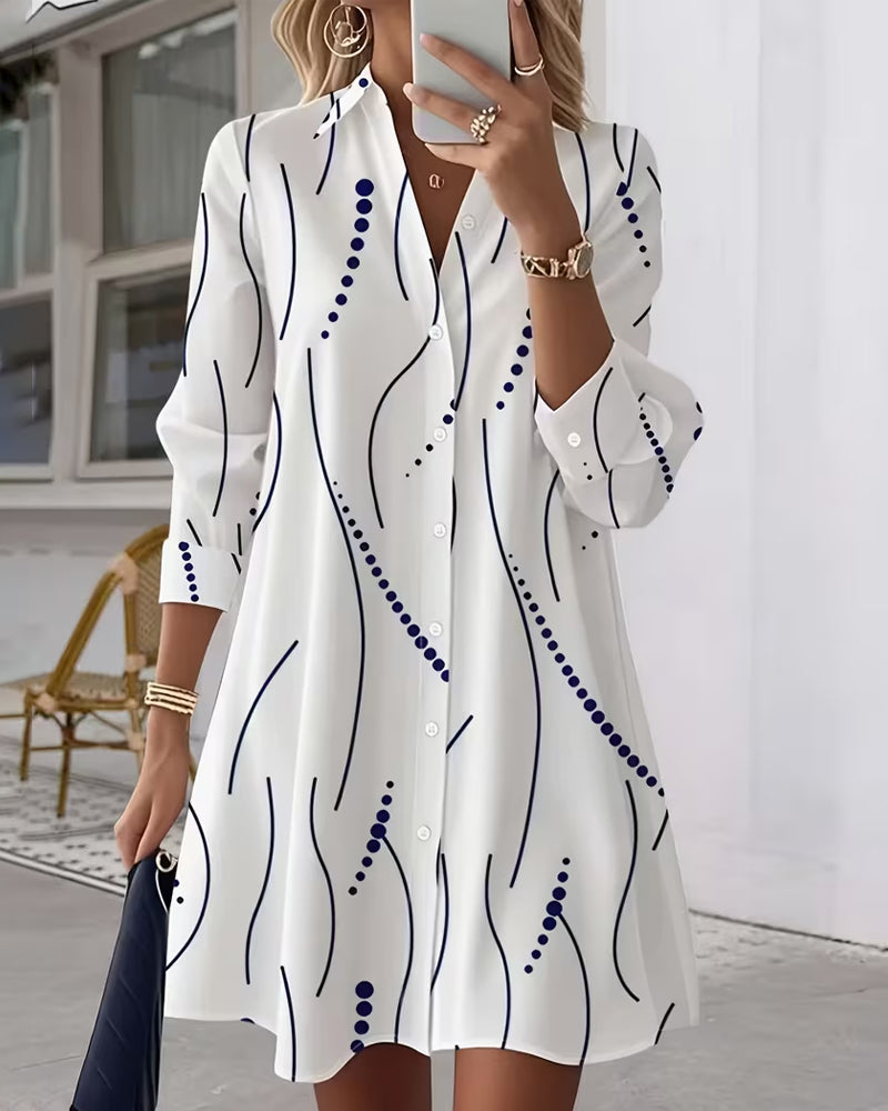 Kendra | Chic White Button-Up Shirt Dress With Wave Print
