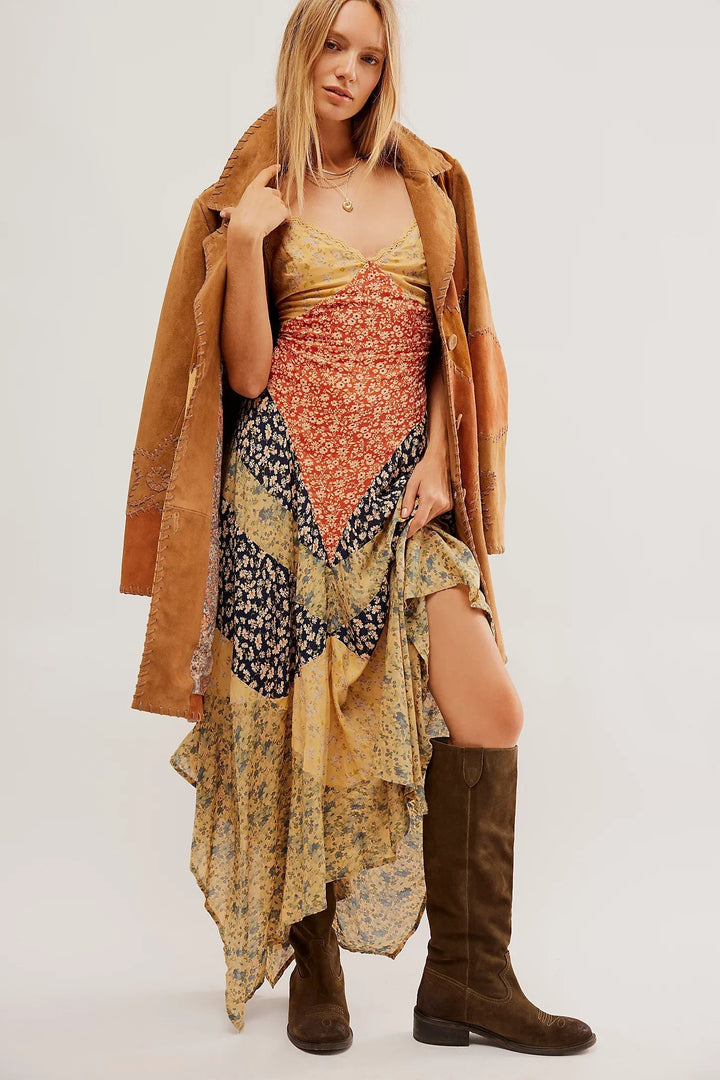 Sage | Stylish Patchwork Floral Maxi Dress With Backless Design