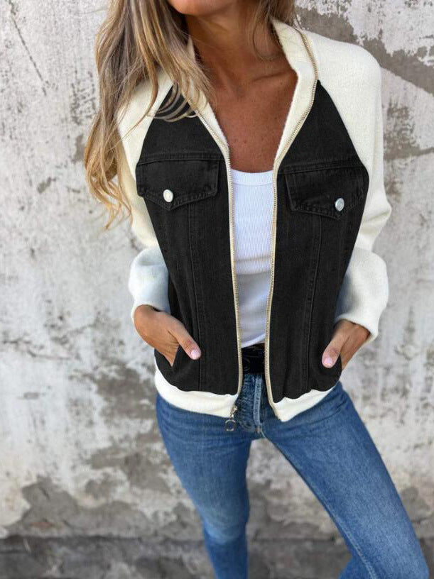 Sybil | Stylish Two-Tone Zip-Up Denim Jacket With Sherpa Sleeves