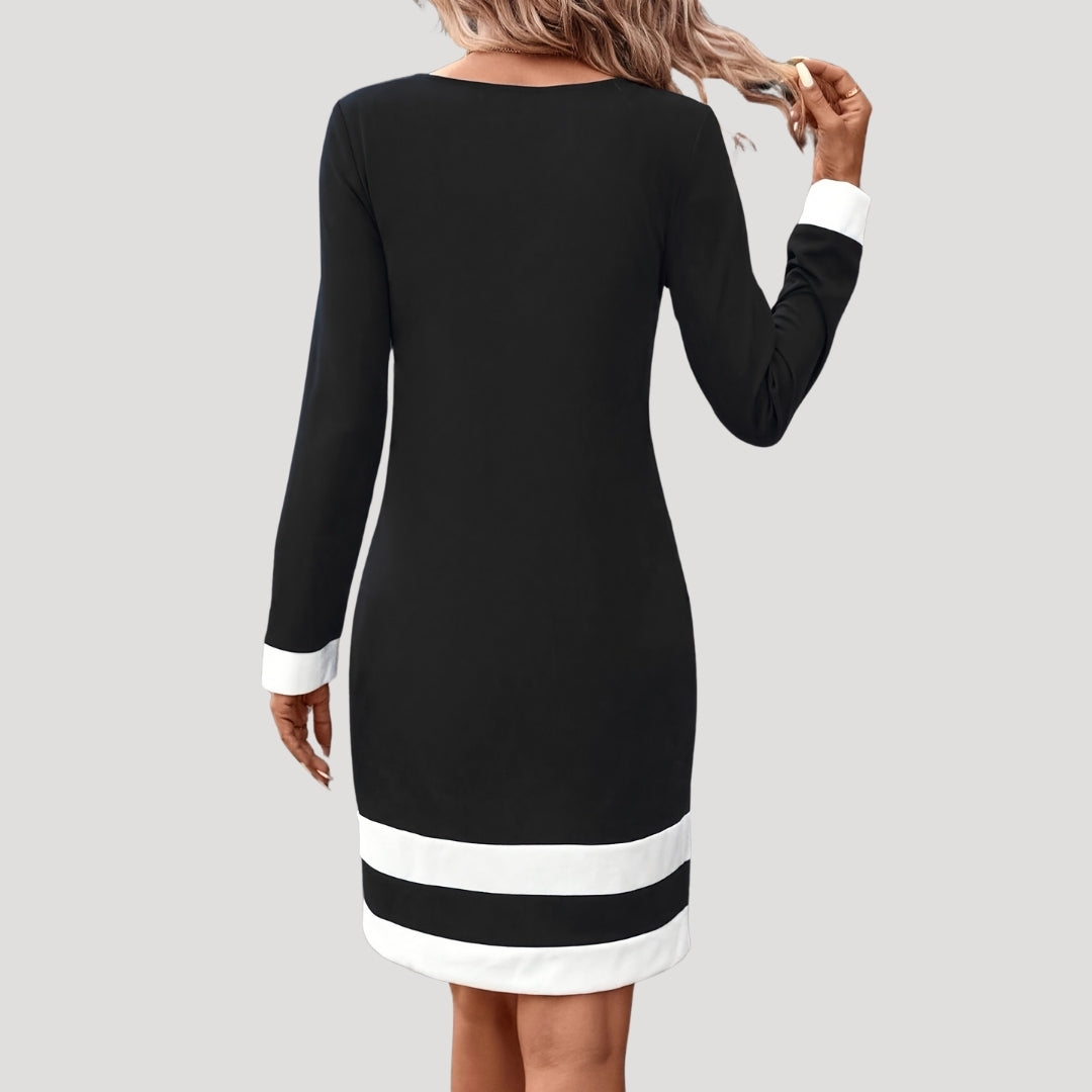 Margot | Elegant Navy Long Sleeve Midi Dress With Contrast Trim