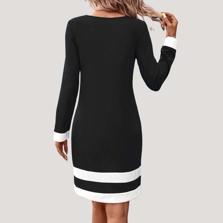 Wren | Elegant Navy Midi Dress With White Contrast Panels