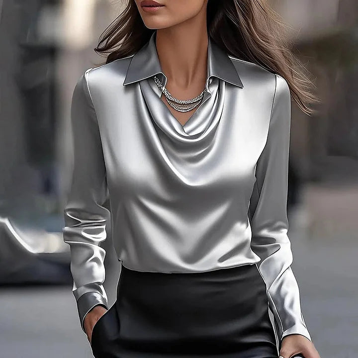 Phoebe | Elegant Draped Satin Blouse With Collared Neckline