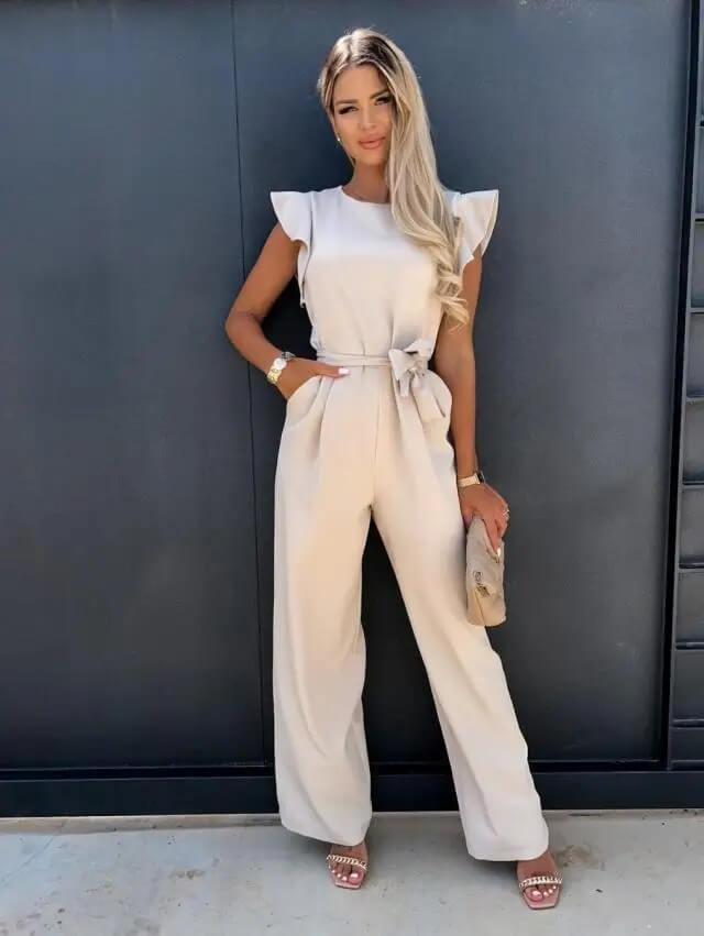 Maeve | Elegant Flutter Sleeve Wide Leg Jumpsuit With Belt