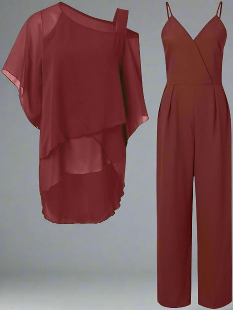 Esther | Elegant V-Neck Chiffon Two Piece Set With Wide Leg