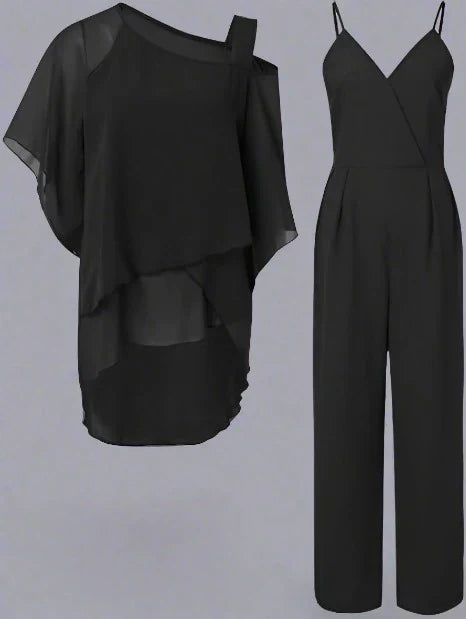 Esther | Elegant V-Neck Chiffon Two Piece Set With Wide Leg
