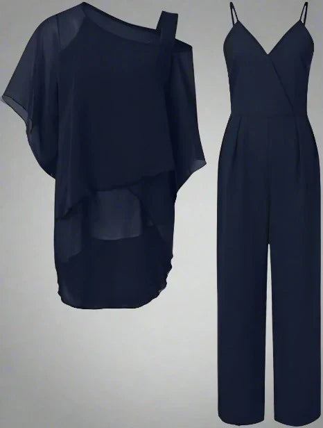 Esther | Elegant V-Neck Chiffon Two Piece Set With Wide Leg