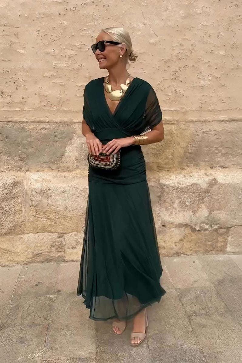 Sybil | Elegant V-Neck Pleated Maxi Dress With Flutter Sleeves