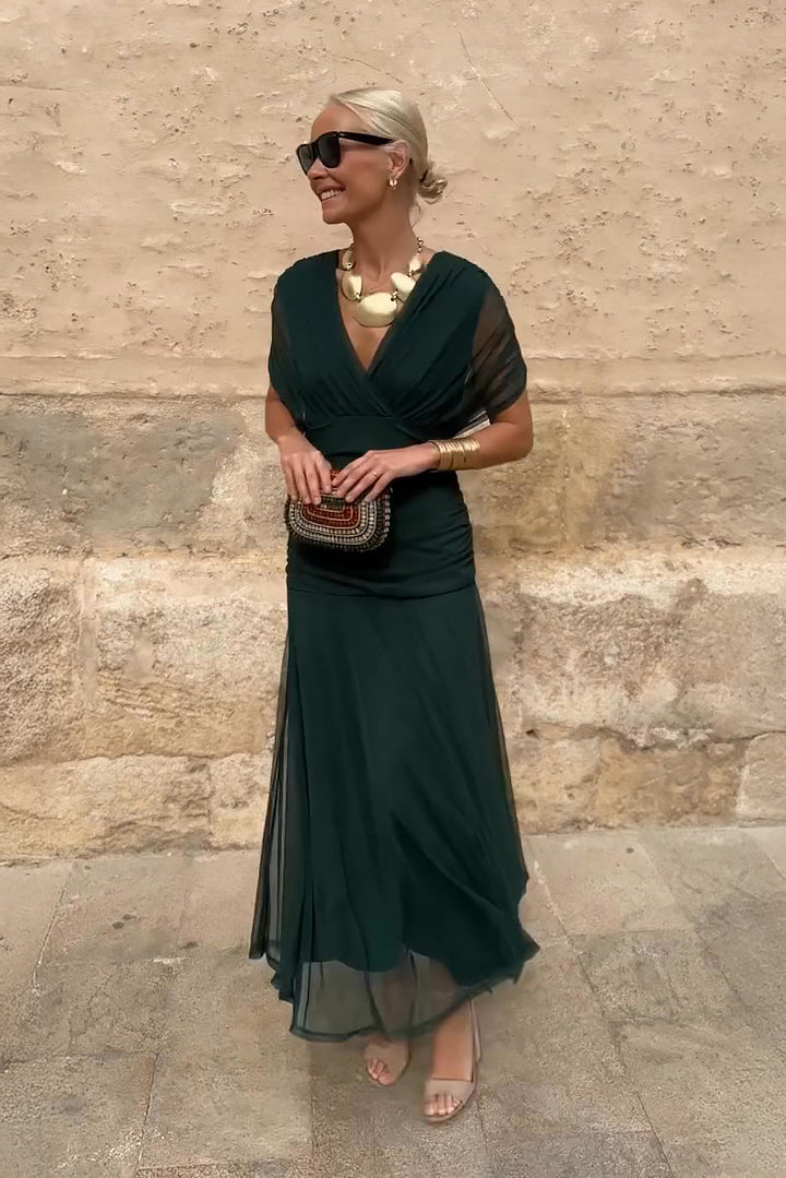 Sybil | Elegant V-Neck Pleated Maxi Dress With Flutter Sleeves
