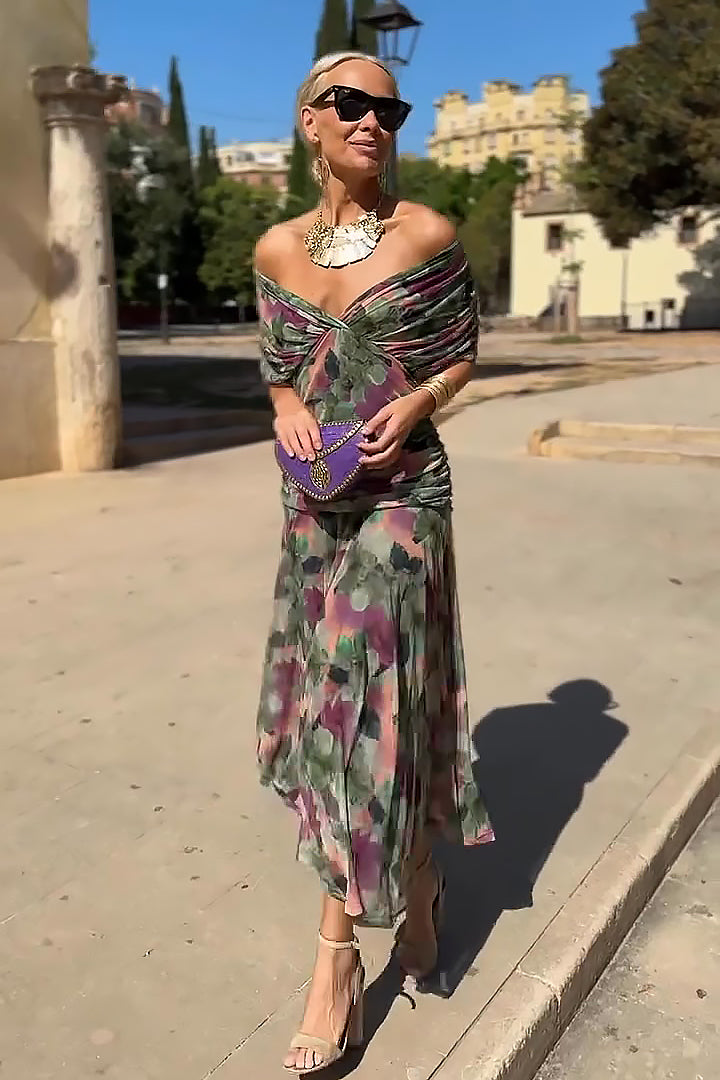 Theodora | Elegant Off-Shoulder Floral Print Maxi Dress