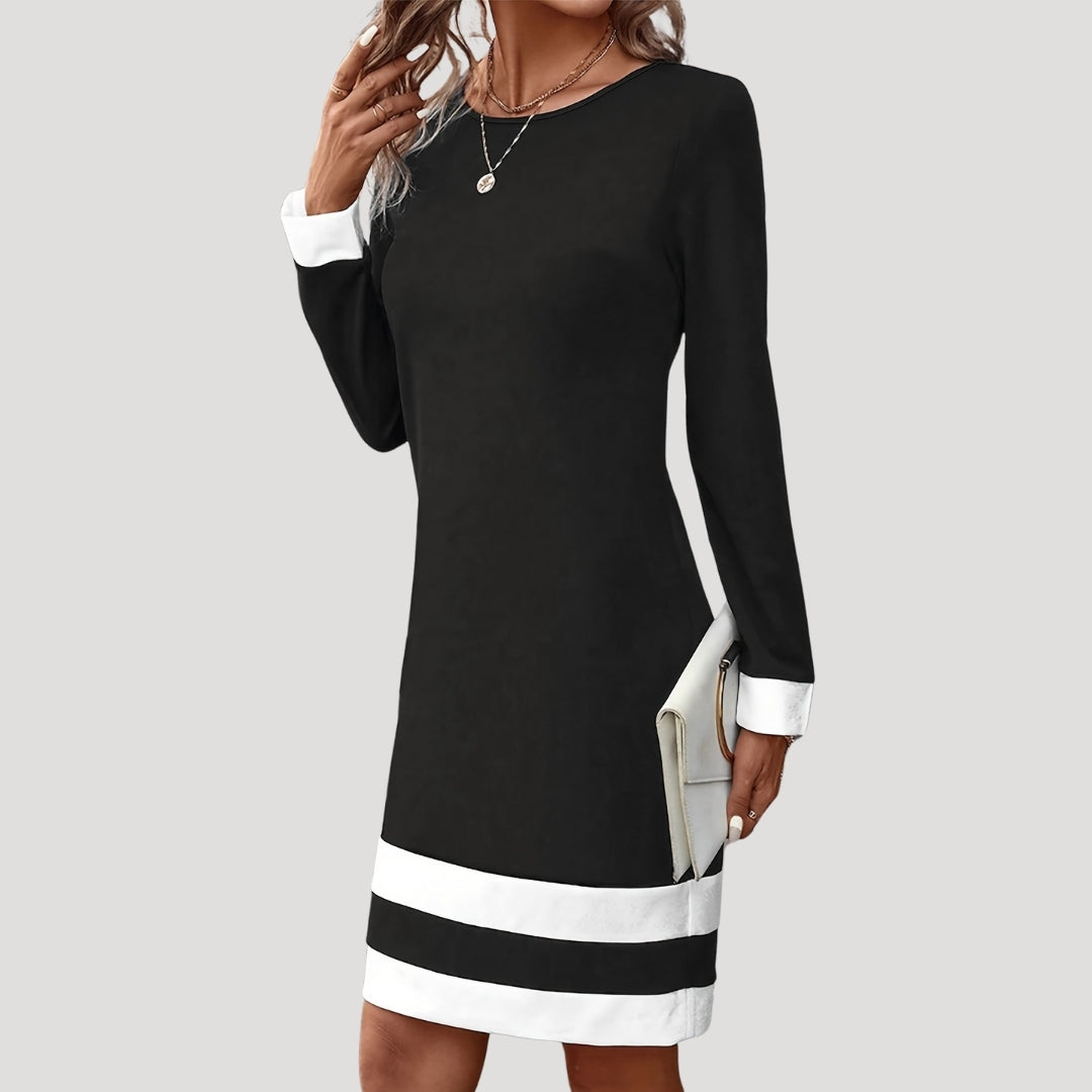 Wren | Elegant Navy Midi Dress With White Contrast Panels