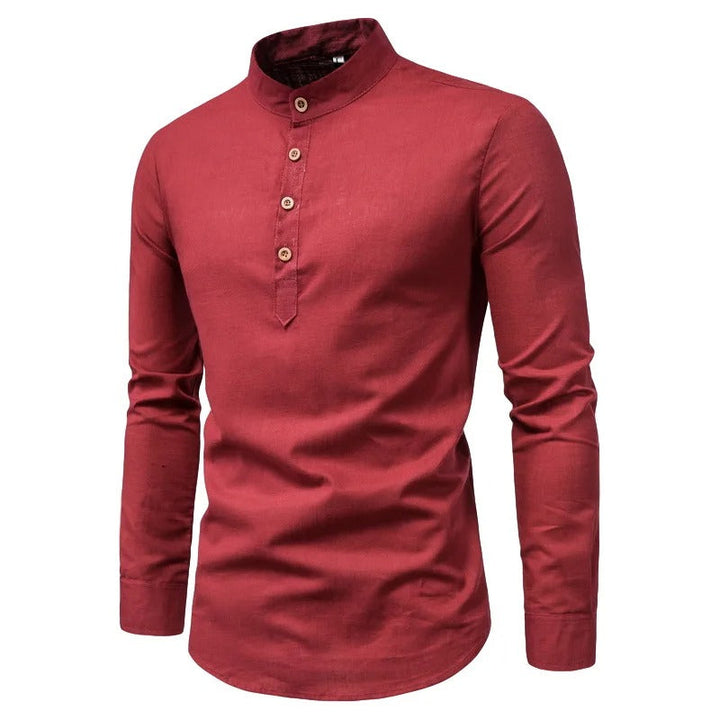 Evy | Elegant Men's White Linen Shirt With Mandarin Collar