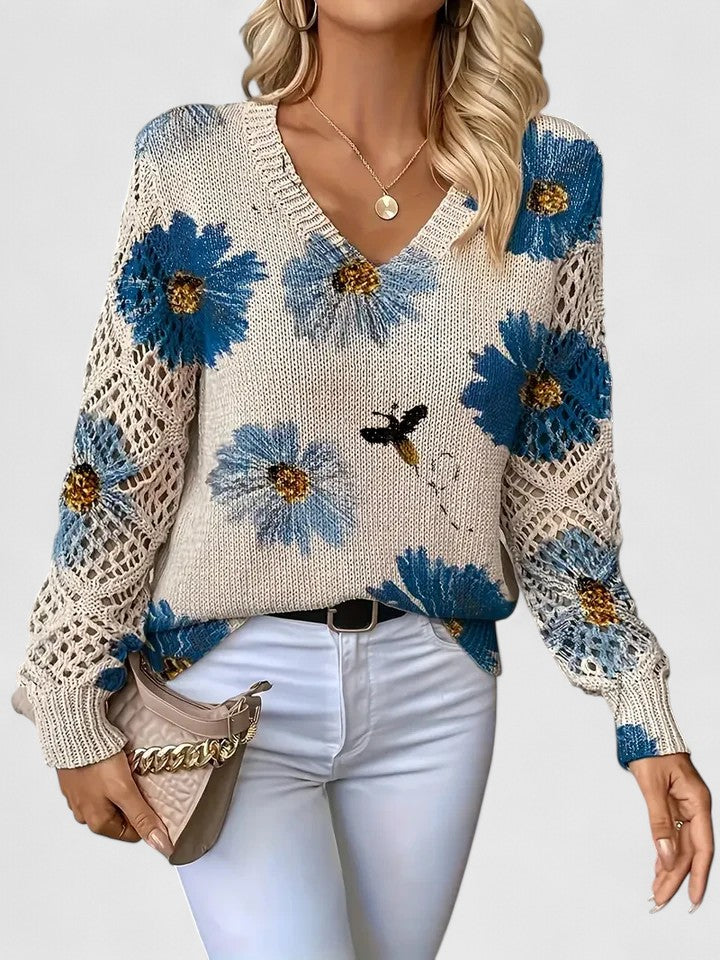 Millie | Elegant V-Neck Floral Knit Sweater With Lace Sleeves